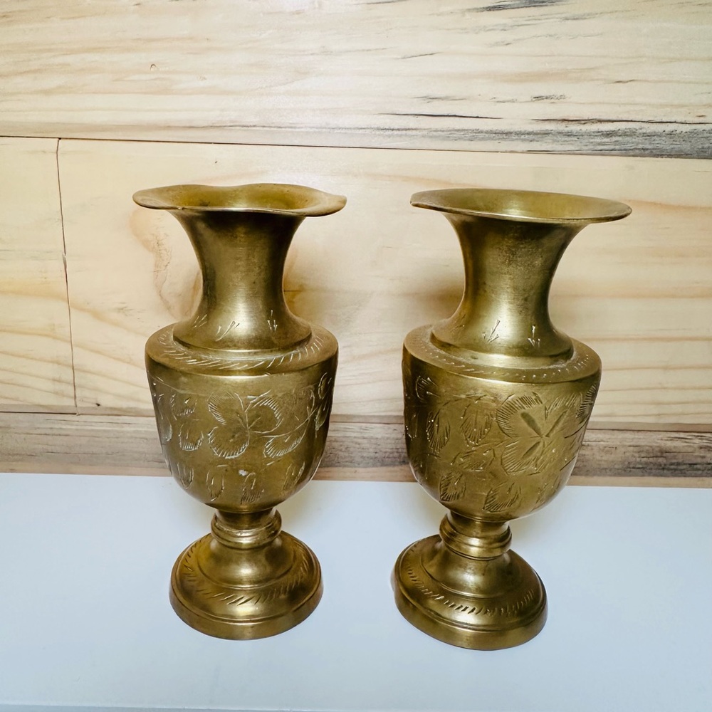Vintage small brass floral etched vase